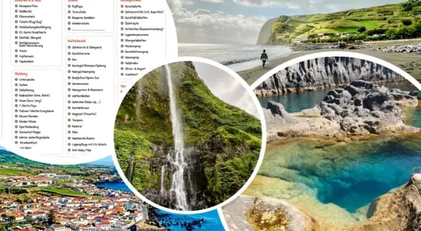 Packliste Azoren: Von Kleidung über Schuhe bis zur Reiseapotheke – alles für deinen Traumurlaub auf den Azoren. Inklusive Bilder von Wasserfall, Strand und Felsenpool.