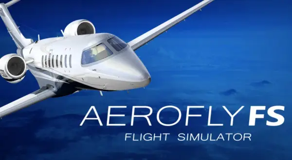 Ein weißer Jet fliegt über den Wolken. Der Schriftzug "AEROFLYFS FLIGHT SIMULATOR" deutet auf spannende **Spiele im Flugzeug** hin.