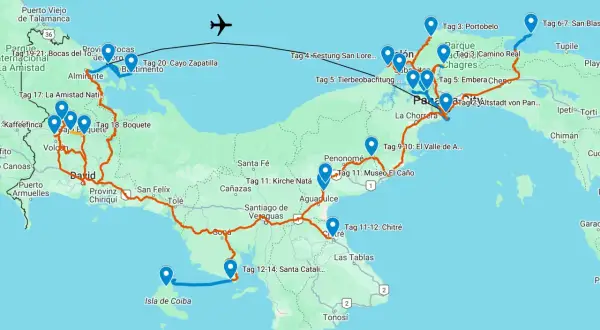 Reiseroute für einen Panama Urlaub: Von Bocas del Toro über David und Boquete bis nach Panama City und Isla de Coiba.