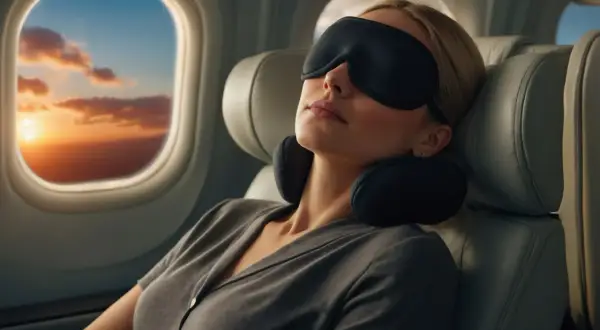 Frau schläft im Flugzeug mit Schlafmaske und Nackenkissen. Die Sonne geht unter und malt den Himmel in warmen Farben. Perfekt für die reise checkliste: Entspannung!