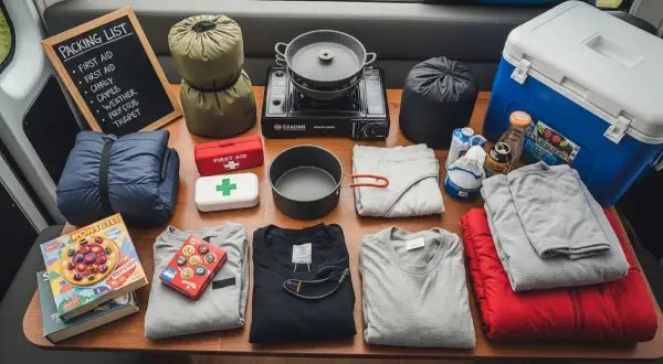 Checkliste Camping Wohnwagen: Schlafsäcke, Kocher, Kühltruhe, Kleidung, Erste-Hilfe-Kasten und Spiele für das Abenteuer.