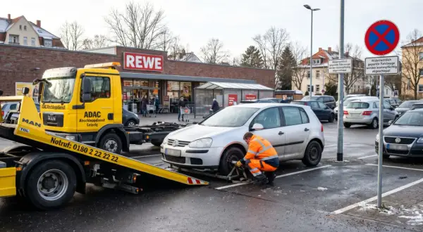 Ein Abschleppwagen des ADAC bereitet das Abschleppen eines falsch geparkten Autos vor. Einspruch gegen das Abschleppen ist hier zwecklos.