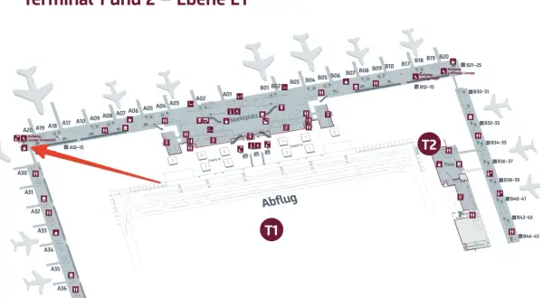 Plan des Flughafens Berlin Brandenburg, Ebene E1. Zeigt Gates A und B sowie den Weg zur Priority Pass Lounge Berlin.