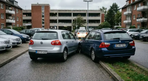 Zwei Autos stoßen auf einem Parkplatz zusammen. Ein blauer BMW hat Kratzer, der silberne VW steht daneben. Parkplatz Unfall immer Teilschuld.