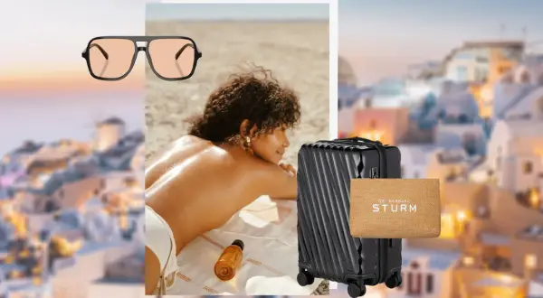 Sonnenbrille, Koffer und Sonnenöl – ideal, wenn du fragst, was zieht man in Griechenland an. Perfekt für den Strandurlaub!