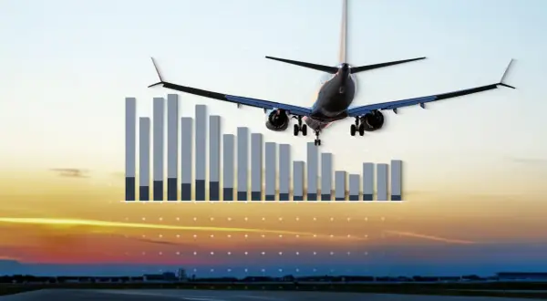 Flugzeug im Landeanflug über einem Diagramm, das die Sicherheit von Flugzeugen illustriert.