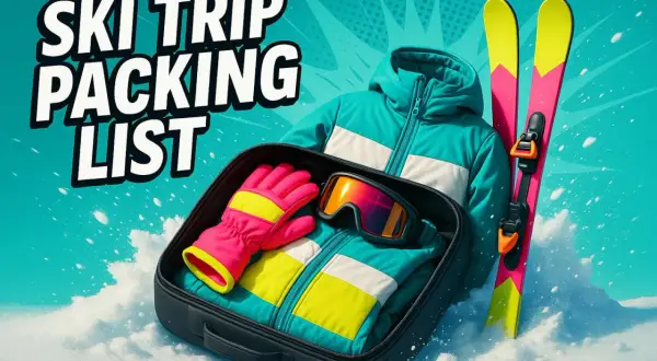 Bunte Skikleidung, Handschuhe und Skibrille in einem Koffer. Perfekt für deine Winterurlaub Packliste!