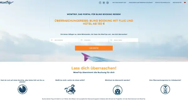 Wowtrip: Portal für Blind Booking Reisen. Überraschungsreise mit Flug & Hotel ab 150€. Gib Abflugort, Personen & Dauer an. Lass dich überraschen!