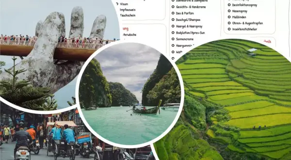 Packliste Vietnam: Goldene Brücke, Reisterrassen, Bootsfahrt und Stadtleben. Alles für die Reise dabei!