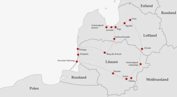 Reiseroute für einen Litauen Urlaub: Karte zeigt Vilnius, Kaunas, Trakai, Berg der Kreuze, Klaipeda, Palanga, Kurische Nehrung, Nationalpark Kemeri, Jurmala, Riga, Schloss Rundale, Cesis, Sigulda, Zarasai.