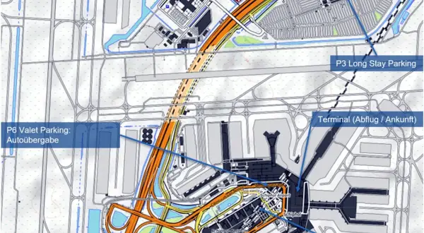 Karte von Schiphol Airport mit Parkplätzen und Terminal. Hier können Sie jemanden am Terminal (Abflug/Ankunft) abholen.