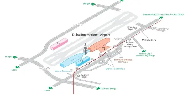 Plan des Dubai Flughafens mit Terminals T1, T2, T3, Metro Red Line und Zufahrten.
