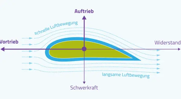 Diagramm erklärt, warum fliegt ein Flugzeug: Auftrieb durch schnelle Luftbewegung über dem Flügel, Vortrieb, Schwerkraft und Widerstand.