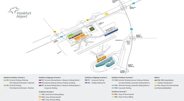 Frankfurt Flughafen Parken Kurzzeit: Übersicht der Parkmöglichkeiten an Terminal 1, 2 und 3, inklusive Kurzzeitparken und Drop-off Areas.