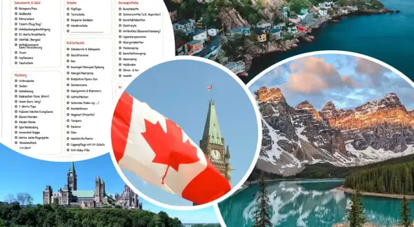 Kanada-Packliste: Dokumente, Kleidung, Schuhe, Kulturbeutel, Reiseapotheke. Mit Blick auf die Rocky Mountains und das Parlamentsgebäude.