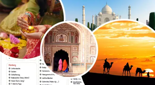 Indien Packliste: Taj Mahal, Kamelkarawane bei Sonnenuntergang, farbenfrohe Architektur & Lichter. Alles für deine Reise.