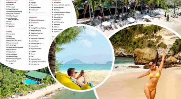 Packliste Strandurlaub: Kleidung, Schuhe, Kulturbeutel und Reiseapotheke für den perfekten Urlaub am Meer.