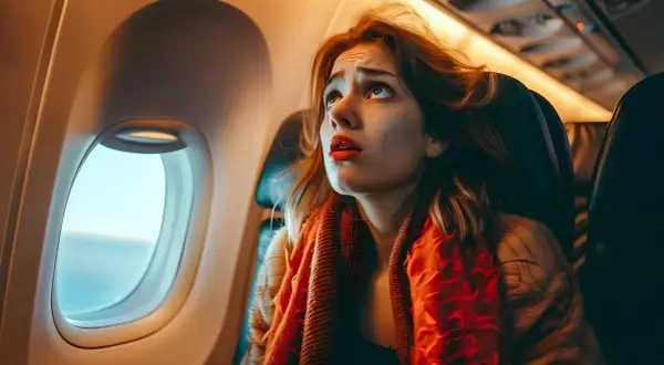 Verzweifelte Frau im Flugzeug, die nach oben blickt. Ihre panische Angst spiegelt die Erfahrungen einer Panikattacke im Flugzeug wider.