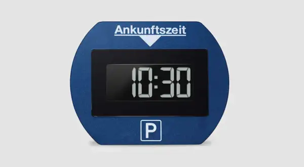 Digitale Parkscheibe mit Anzeige "Ankunftszeit" und "P"-Symbol. Diese Parkscheibe kostenlos nutzen, um die Parkzeit einzuhalten.