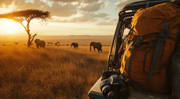 Safari-Fahrzeug mit Rucksack und Kamera im goldenen Licht der afrikanischen Savanne mit Elefanten.