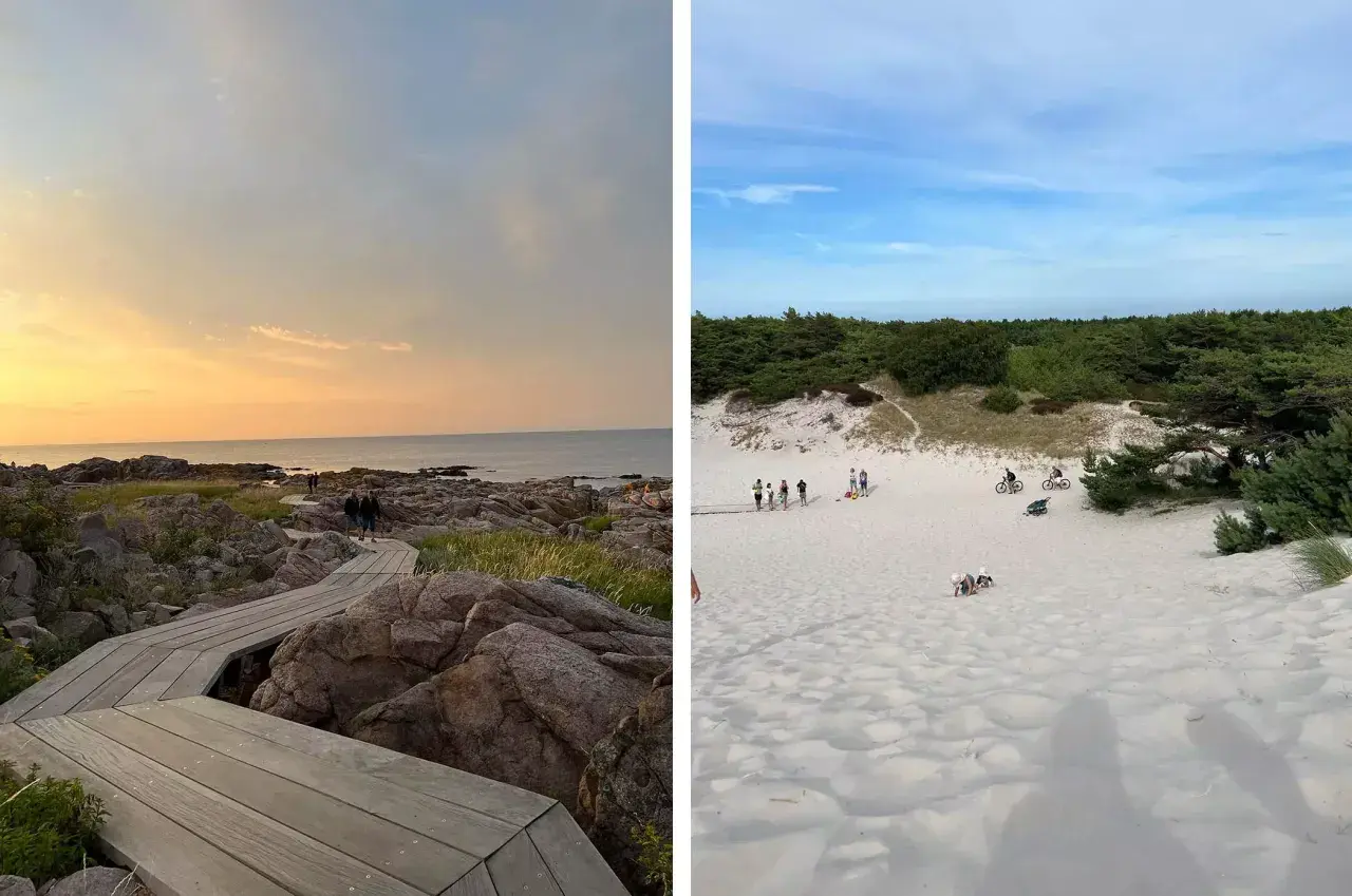 Ein malerischer Urlaub auf Bornholm: Holzstege führen über felsige Küsten und weite Sanddünen, ideal für Radtouren und Spaziergänge.