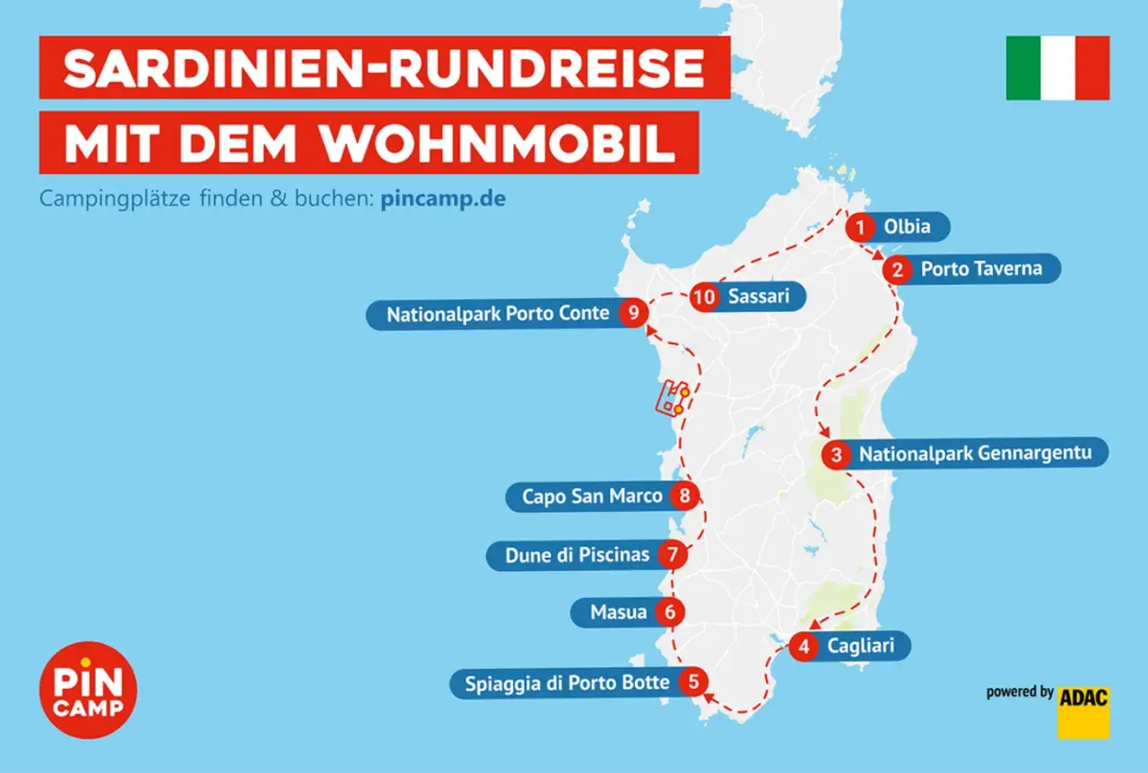 Karte einer Sardinien-Rundreise mit dem Wohnmobil, die wichtige Orte wie Olbia, Sassari und Cagliari markiert.