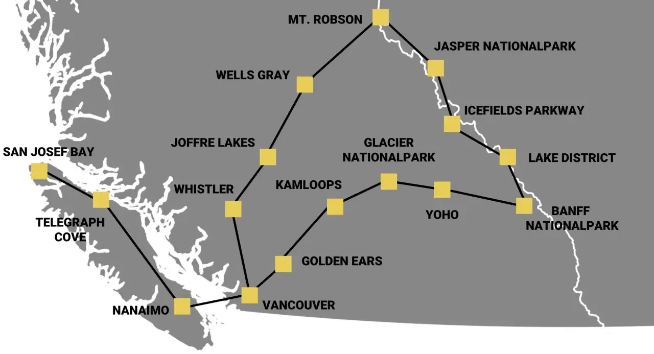 Karte von British Columbia mit Reiseroute: San Josef Bay, Whistler, Vancouver, Banff Nationalpark – ideal für einen Urlaub in Kanada.