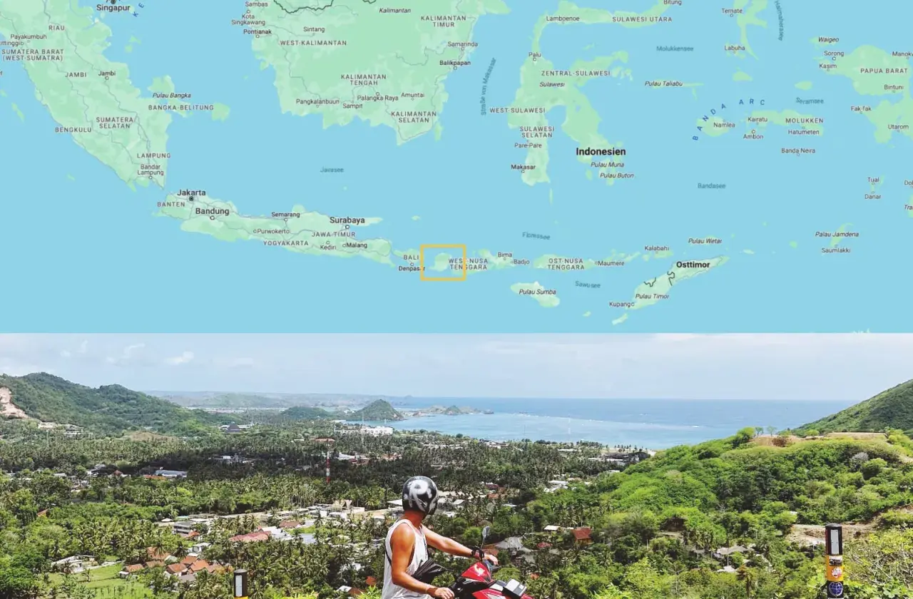 Mann auf Roller genießt den Ausblick auf eine tropische Küste. Ein Urlaub in Indonesien, der unvergesslich bleibt.