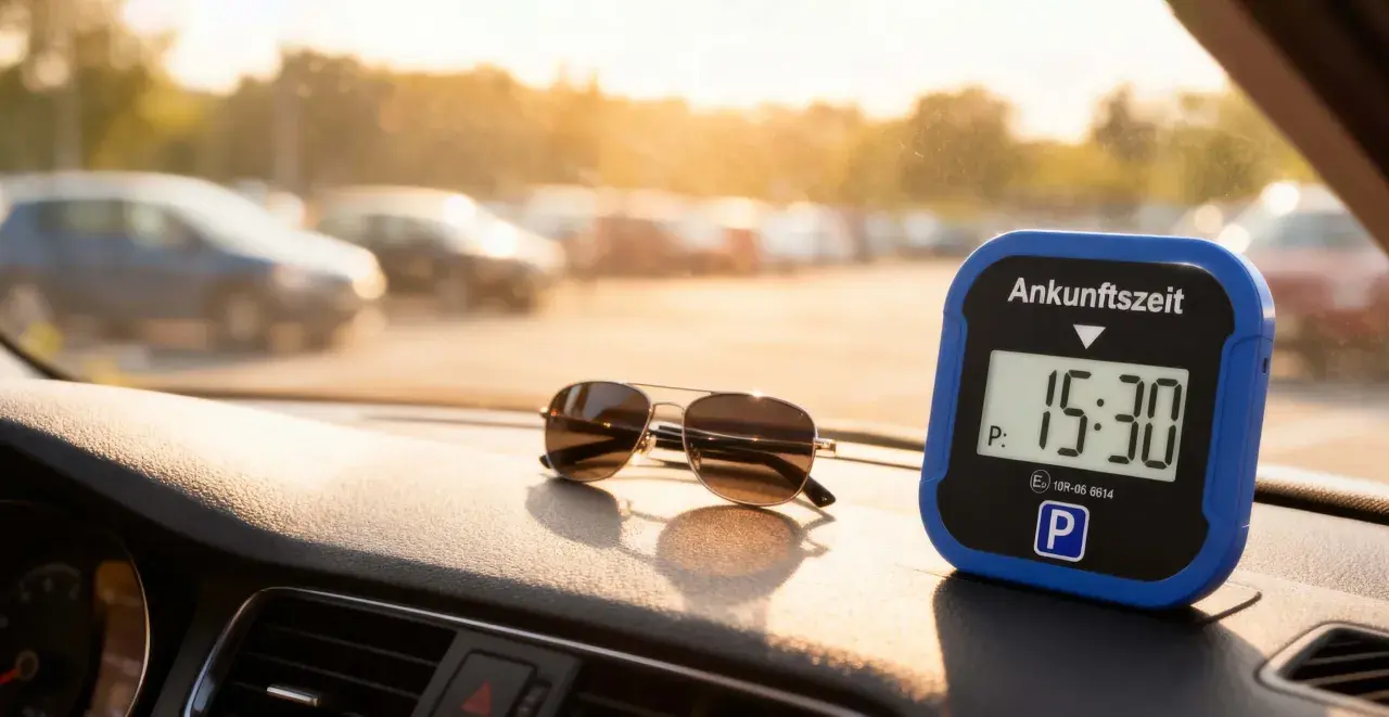 Sonnenbrille und elektronische Parkscheibe mit 15:30 Uhr auf dem Armaturenbrett. Mögliche Nachteile: Batteriewechsel, technische Defekte.