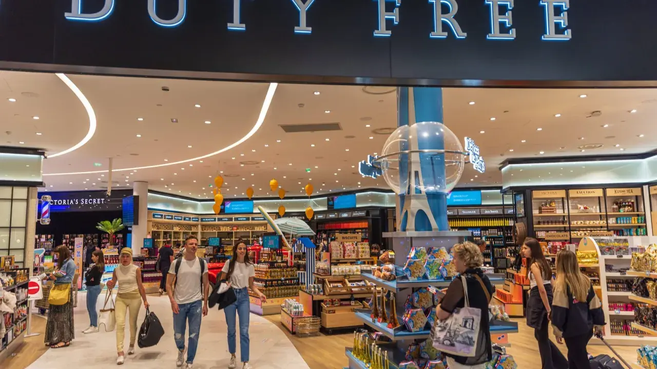 Menschen bummeln durch einen beleuchteten duty free Shop mit vielen Waren.