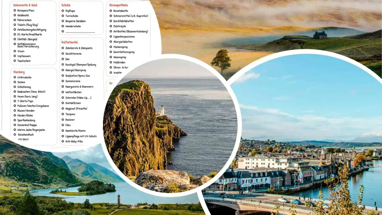 Packliste Schottland: Kleidung, Schuhe, Kulturbeutel, Reiseapotheke. Ideal für die Reise in die schottische Landschaft.