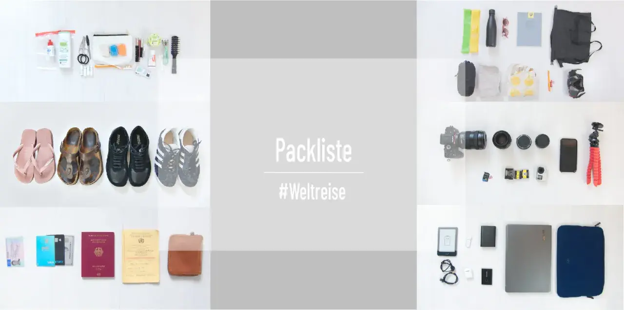 Packliste für die Weltreise: Schuhe, Kamera, Technik, Dokumente und Reiseutensilien.
