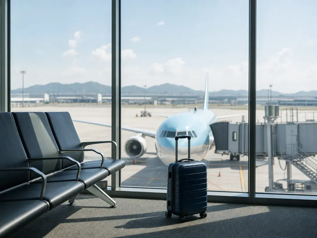 Wartebereich am japan flughafen mit einem blauen Koffer und Flugzeug vor dem Fenster.