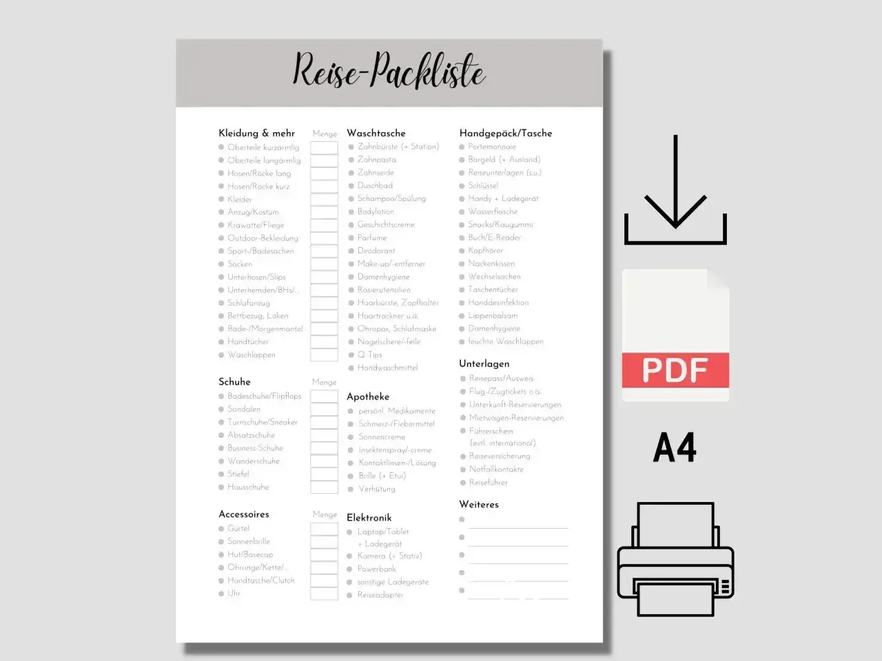 Reise-Packliste für den Tauchurlaub: Kleidung, Schuhe, Waschtasche, Handgepäck, Apotheke, Elektronik & mehr.