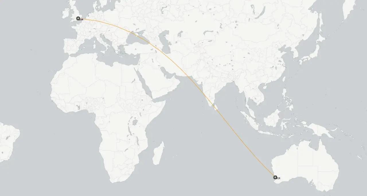 Flugroute von London nach Perth, Australien. Ein langer Direktflug über Kontinente und Ozeane.