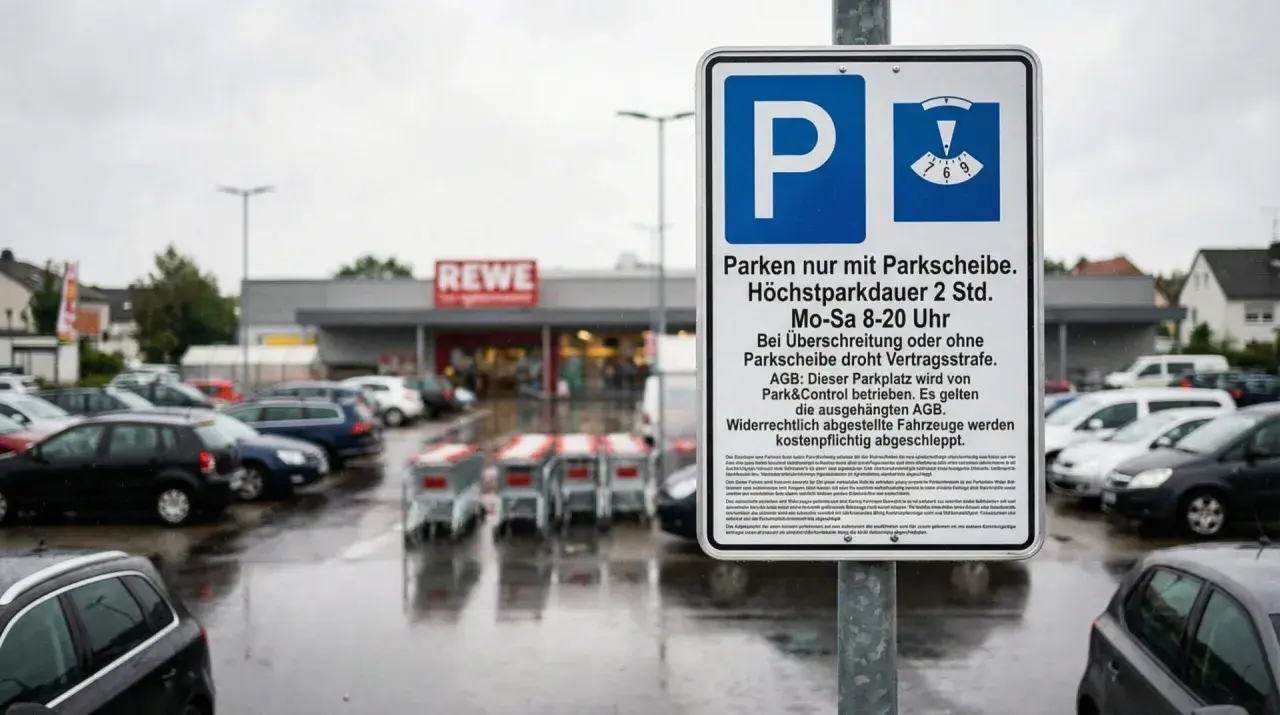 Schild: Parken nur mit Parkscheibe, Höchstparkdauer 2 Std. Mo-Sa 8-20 Uhr. Autos parken auf nassem Parkplatz vor Rewe.
