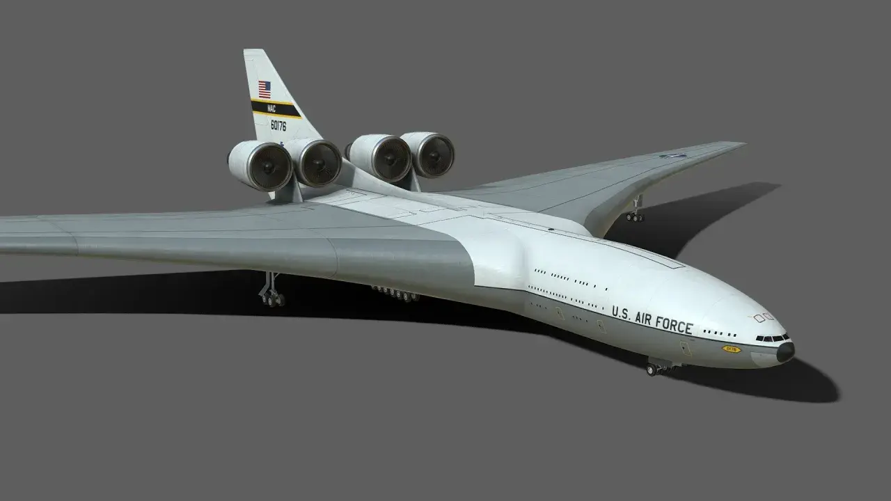 Ein futuristisches U.S. Air Force Flugzeug mit vier Triebwerken. Die Frage "wie lang ist ein flugzeug" wird hier durch die imposante Größe des Modells beantwortet.