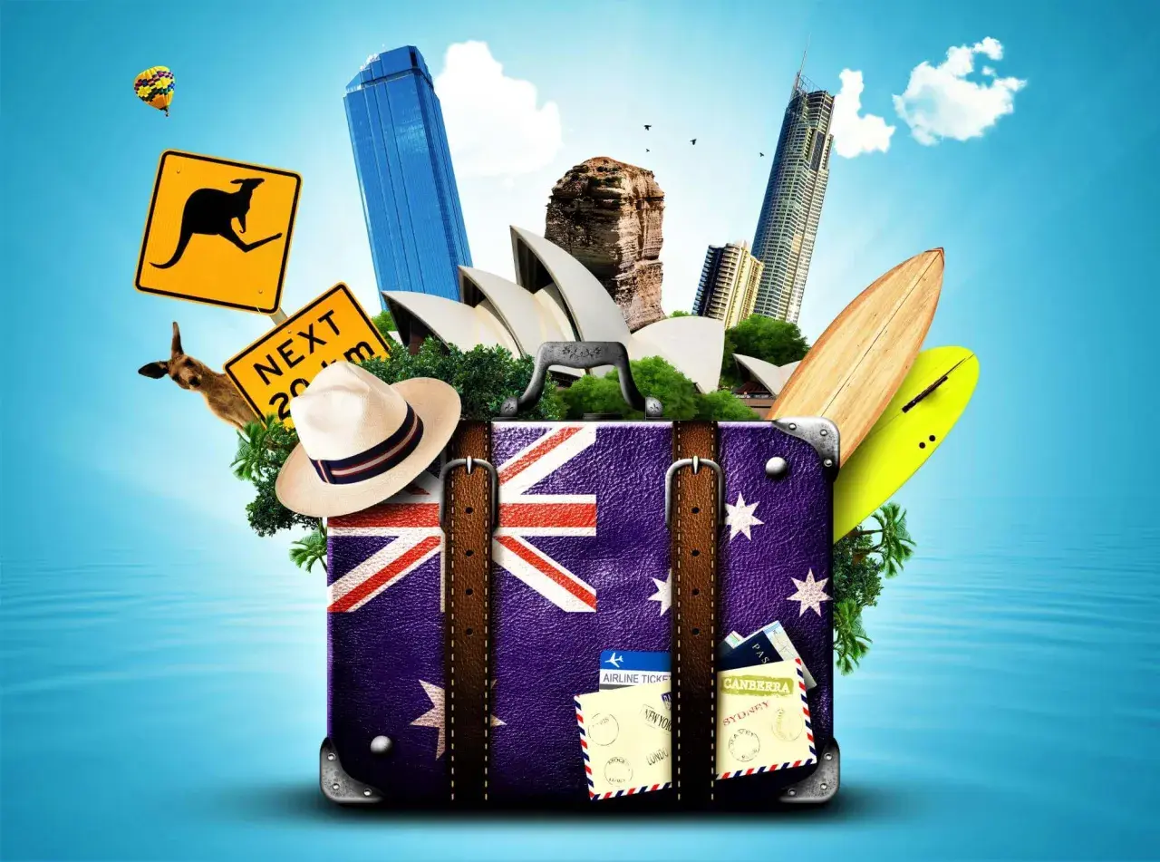 Koffer mit australischer Flagge, Sydney Opera House, Surfbrett, Känguru-Schild und mehr. Perfekt für deine Packliste Australien!