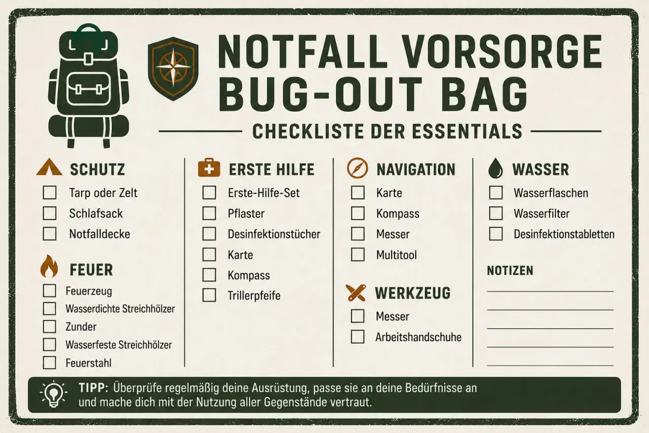 Checkliste für einen Bug-Out Bag: Schutz, Erste Hilfe, Navigation, Wasser, Feuer, Werkzeug. Perfekt für deine Packliste Camping!