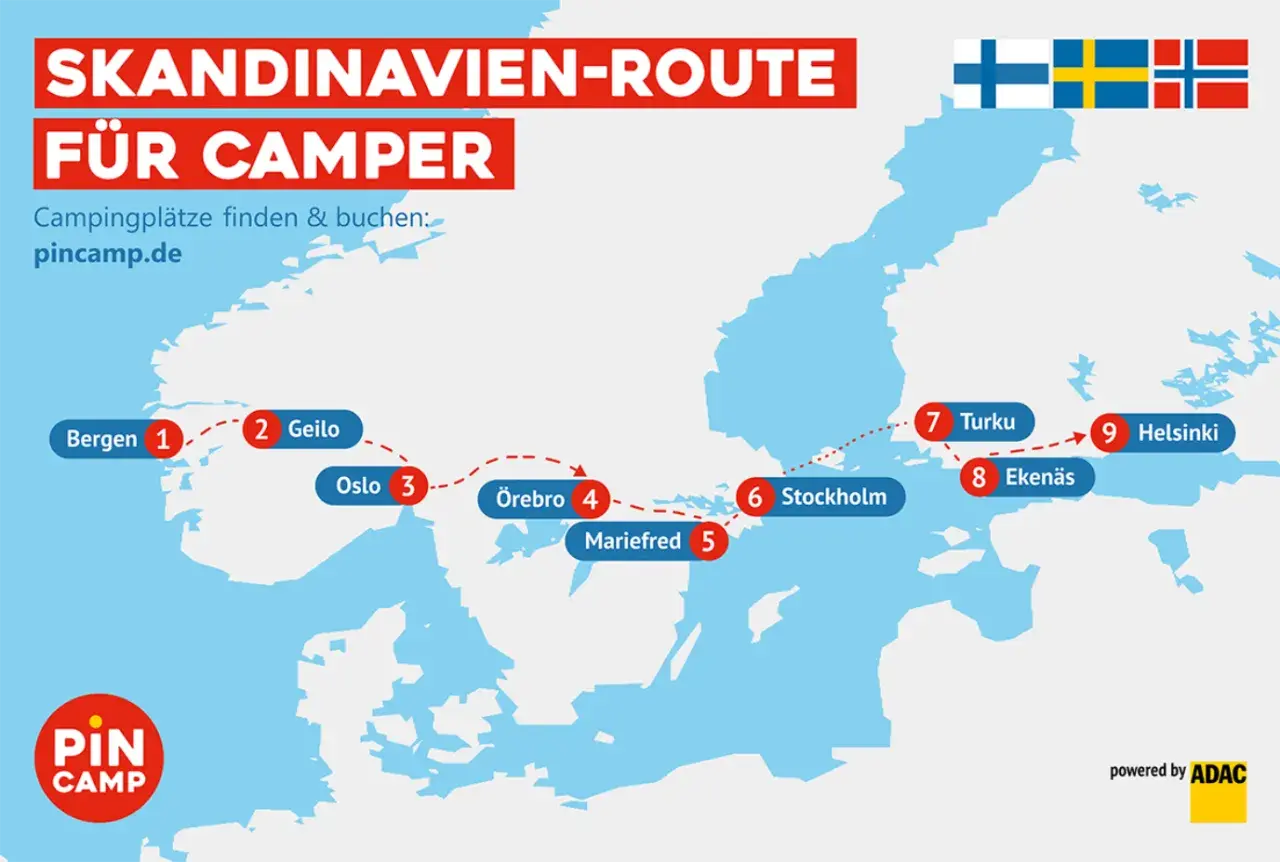 Karte zeigt eine SKANDINAVIEN-ROUTE für Camper, mit Stationen von Bergen über Stockholm bis Helsinki.