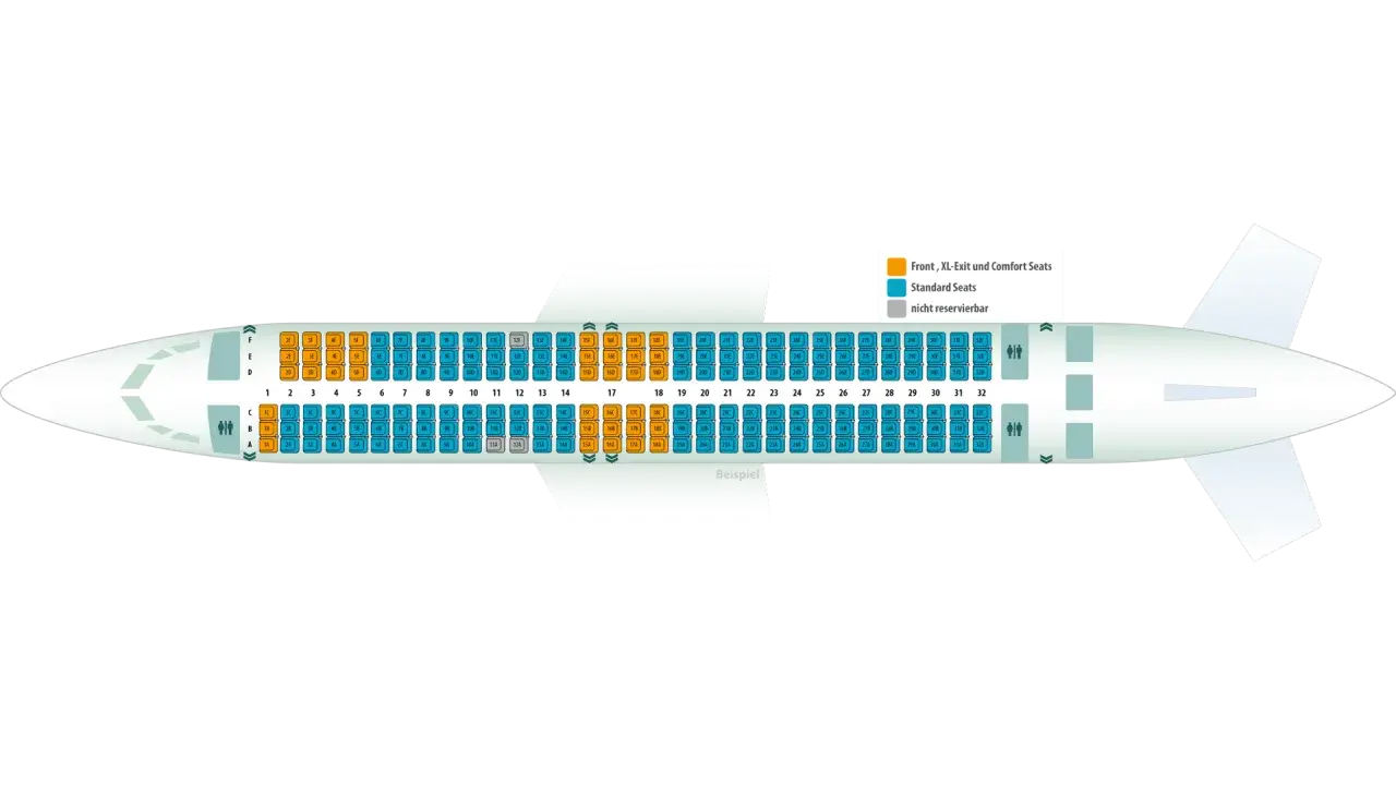 Sitzplan für tuifly: orange Sitze sind XL/Komfort, blau sind Standard. Kostenlose Sitzplatzreservierung ist hier möglich.