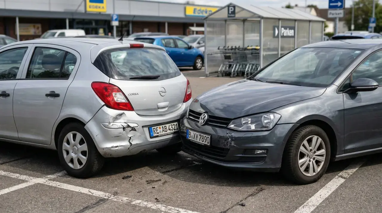 Zwei Autos sind an einem Unfall auf einem Parkplatz beteiligt. Der silberne Opel hat einen stark beschädigten Stoßfänger, der graue VW hat vorne eine Delle.