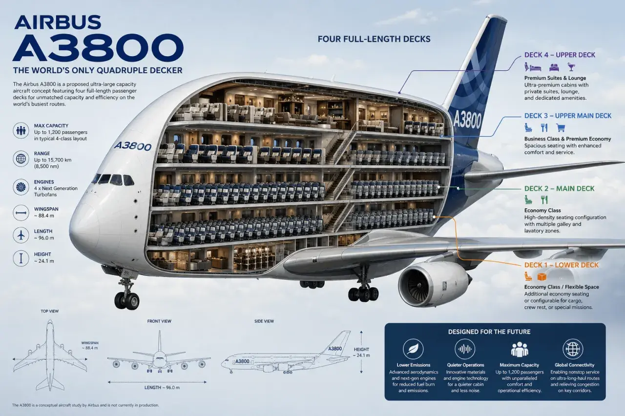 Der Airbus A3800 als Privatjet-Konzept mit vier Decks, Luxussuiten und Platz für 1.200 Passagiere.