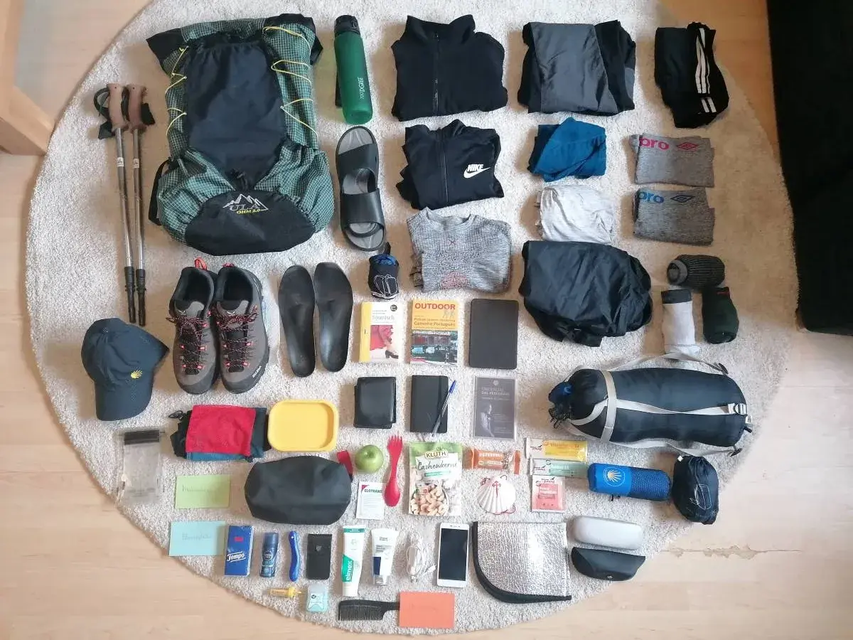 Jakobsweg Packliste: Rucksack, Wanderschuhe, Kleidung, Trinkflasche, Wanderstöcke, Hygieneartikel und Verpflegung für eine Pilgerreise.