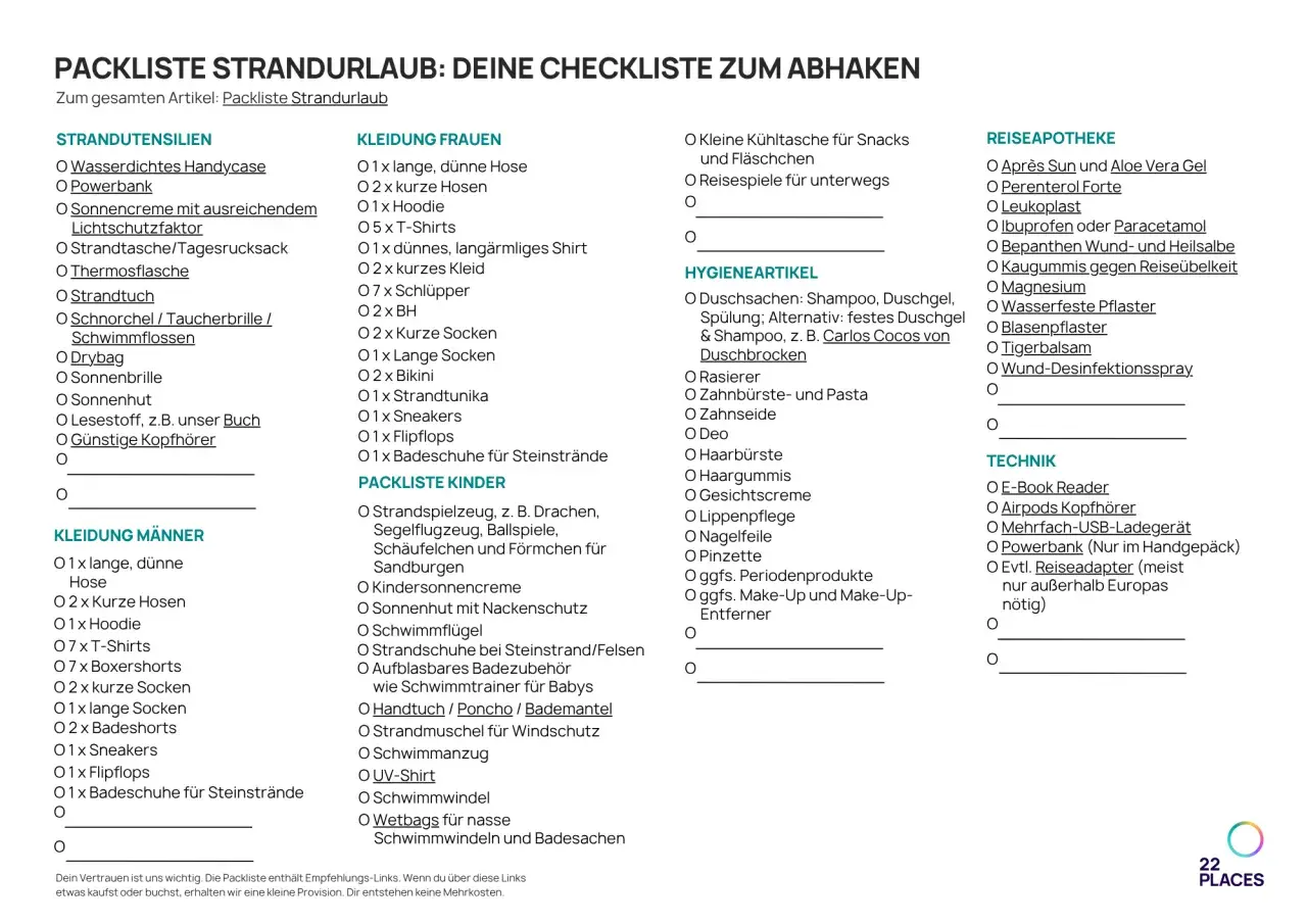 Packliste Strandurlaub: Checkliste für Kleidung, Hygieneartikel, Technik und mehr. Ideal für deine Reiseplanung.