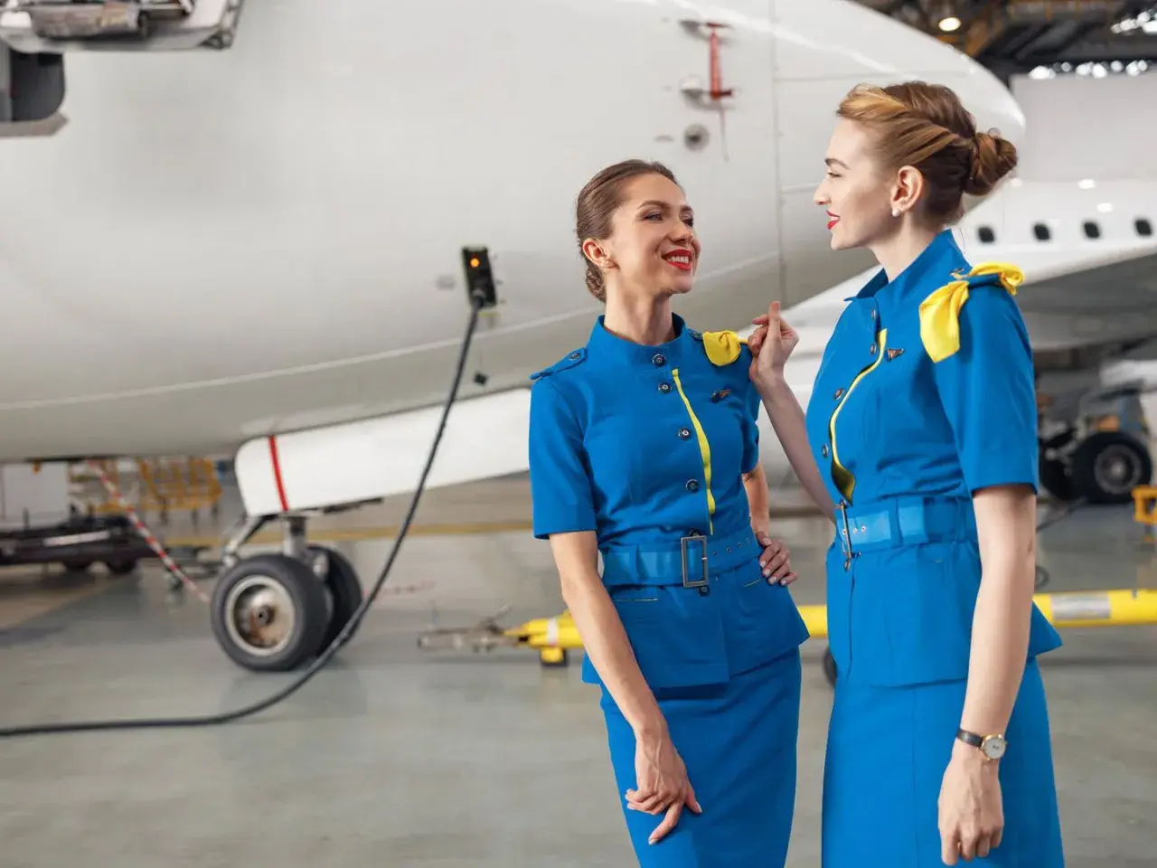 Zwei Flugbegleiterinnen in blauen Uniformen mit gelben Akzenten stehen vor einem Flugzeug und unterhalten sich.