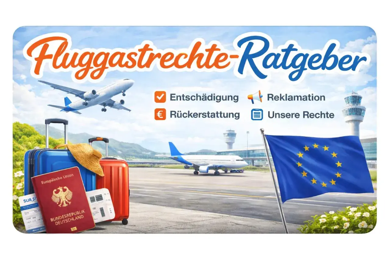 Flug verpasst? Was tun? Der Ratgeber zeigt: Entschädigung, Rückerstattung, Reklamation und unsere Rechte. Mit Koffer, Pass und EU-Flagge am Flughafen.