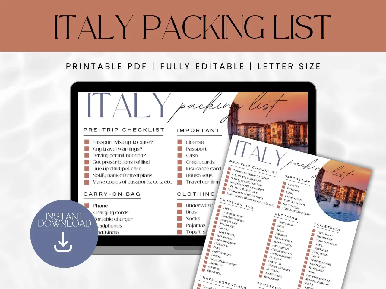 Packliste Italien: Checkliste für Ihre Reise nach Italien mit wichtigen Dokumenten, Kleidung und Toilettenartikeln.