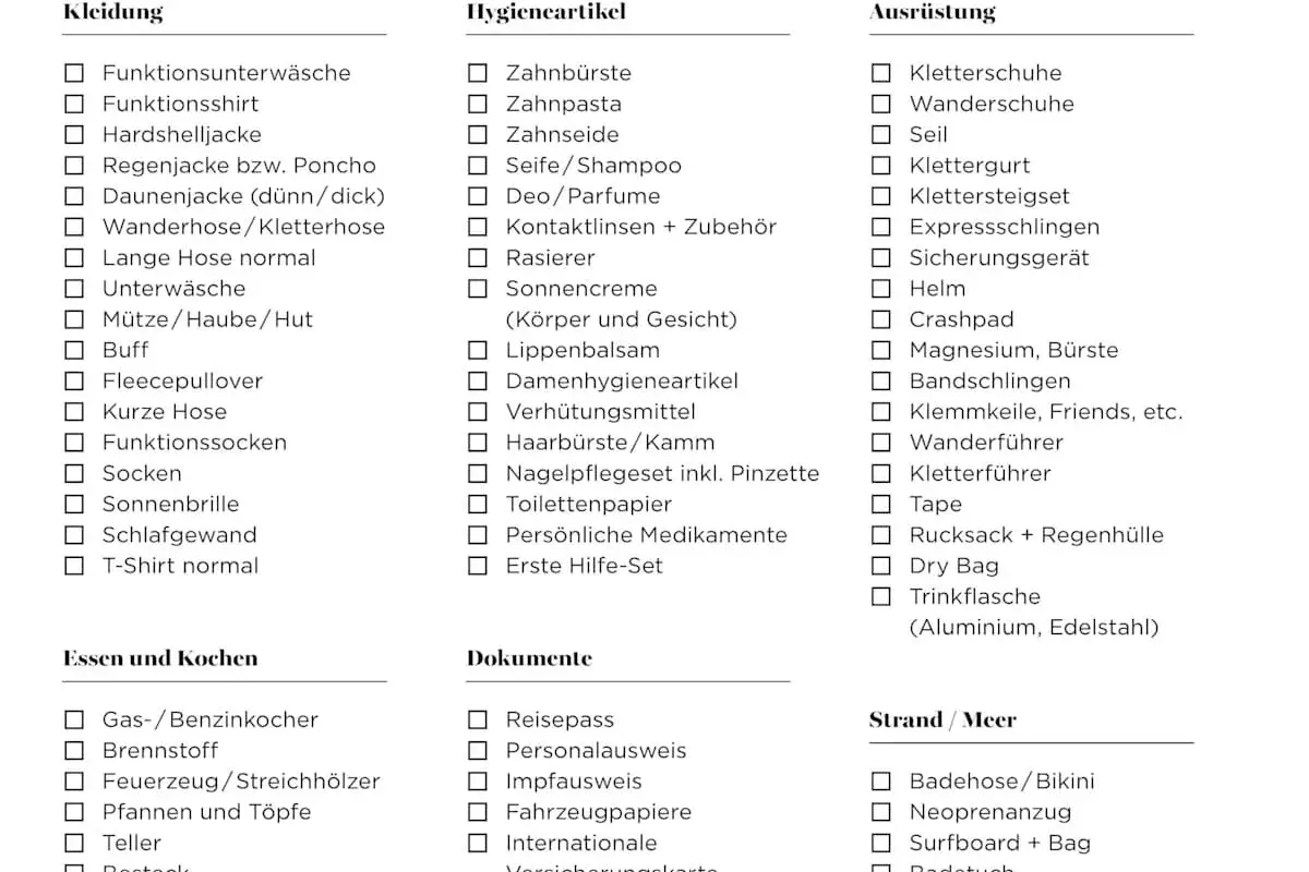 Packliste für das Mobilheim: Kleidung, Hygieneartikel, Ausrüstung, Essen, Dokumente und Strandutensilien. Alles für den perfekten Urlaub.