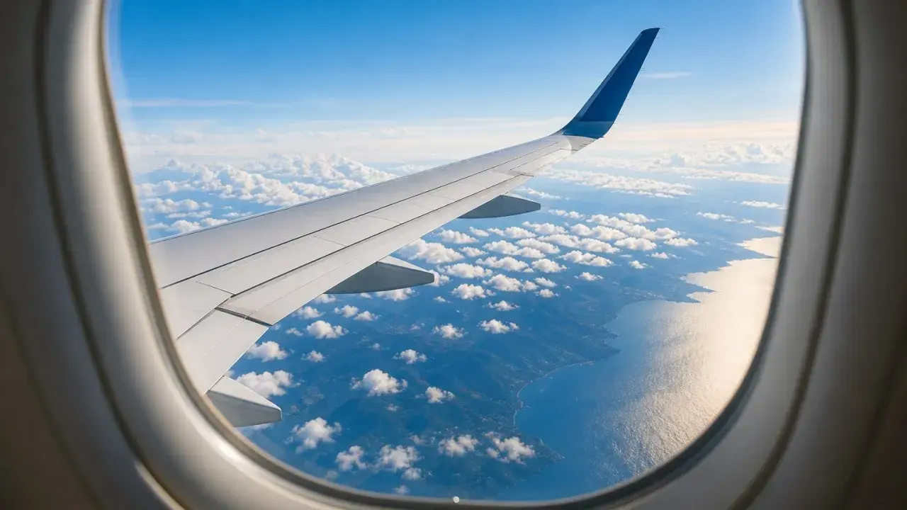 Flugzeugfenster mit Blick auf Flügel, Wolken und Küste. Ein Gabelflug ist eine Reise mit zwei Zielen.